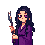 pixel young female spirit wielding wizard with dark purple and violet long hair. round cute face with pink eyes and pointy nose. normal human. cute. but fierce