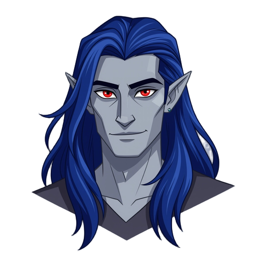 gray skinned humanoid male with long cobalt colored hair and red eyes. pointy nose and oval shaped face.