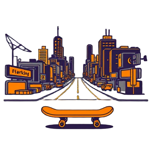 animated pixel gif, skateboard city, using mainly orange for the entire image, cyberpunk