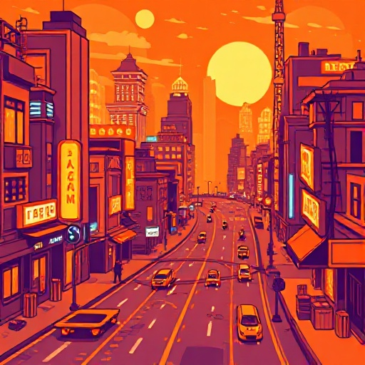 animated pixel gif, skateboard city, using mainly orange for the entire image, cyberpunk