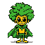 leek character, yellow face, big green afro, green cape, black outline, retro game style, transparent background.
