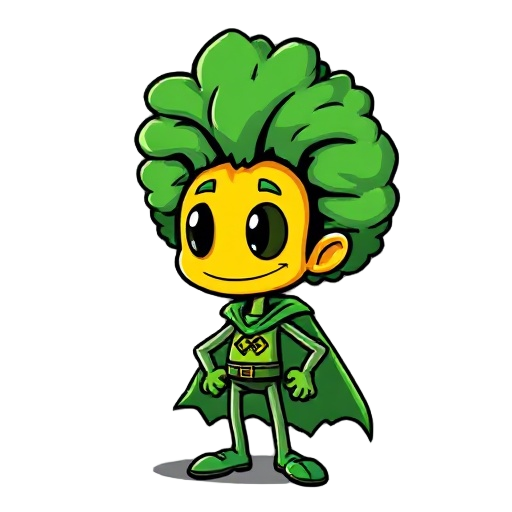 leek character, yellow face, big green afro, green cape, black outline, retro game style, transparent background.