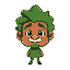 personagem alho-poró, rosto amarelo, afro verde grande, capa verde, contorno preto, estilo retrô, fundo transparente.