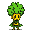 leek character, yellow face, big green afro, green cape, black outline, retro game style, transparent background.