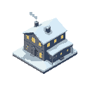 isometric diagonal view of a polar base hub building, simple and clean design, snow-covered roof, small windows glowing, metal walls, light steam from chimneys. game-ready style.
