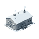 isometric diagonal view of a polar research hub building, realistic design, metal walls, small windows, snow-covered roof, chimneys with steam