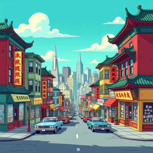 san francisco chinatown seventies background street with shops 