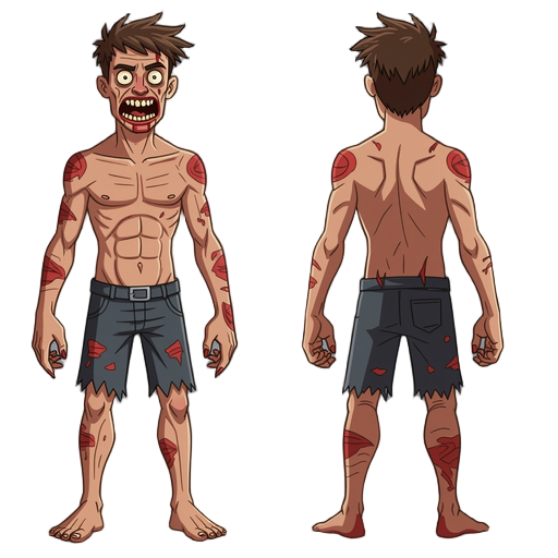 whole body: skin is flayed and bloody/ upper body: distorted face shape, no eyes and hair, lots of mouth and pointed teeth, sharp nails / lower body: sharp toenails