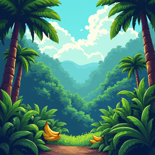 a 8-bit pixelated landscape of a jungle with lots of trees and some bananas 