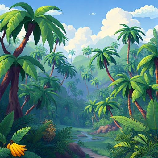 a pixelated landscape of a jungle with lots of trees and some bananas 