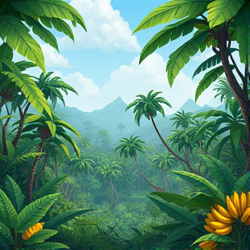 a landscape of a jungle with lots of trees and some bananas 