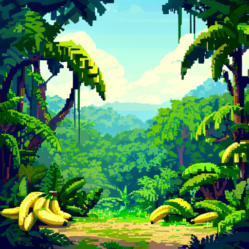 a 8-bit pixelated landscape of a jungle with lots of trees and some bananas 