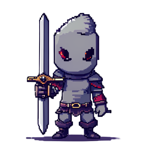 deltarune pixel character, with big sword and small body 