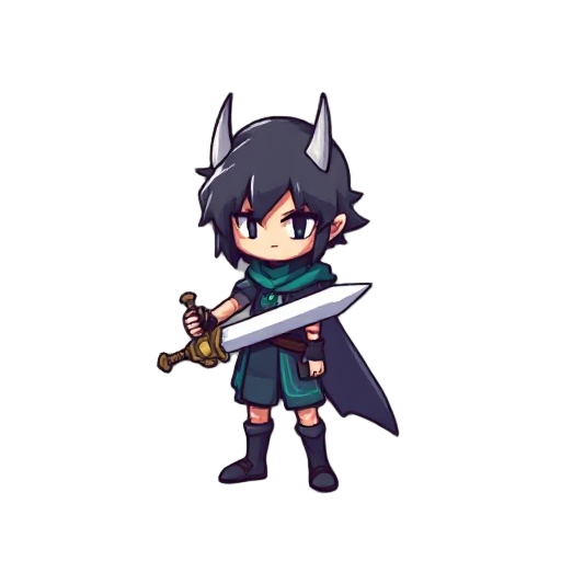 deltarune pixel character, with big sword and small body 