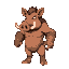 humanoid boar that is has big arms and legs covered in hardened mud that uses as weapons and are beige, color his body with brown black and white, he is 35 pixel tall and 35 pixel wide