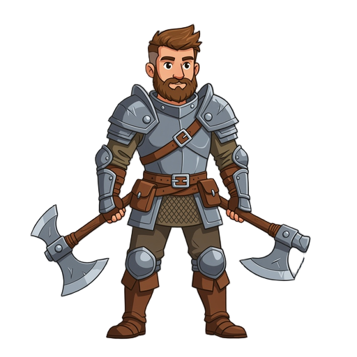 character sprite, rpg character, dungeons and dragons style, male hero, wearing simple armor, standing pose, front view, equipped with a axe