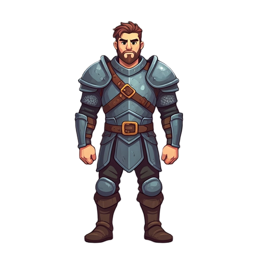 character sprite, rpg character, dungeons and dragons style, male hero, wearing simple armor, standing pose, front view, equipped with a axe
