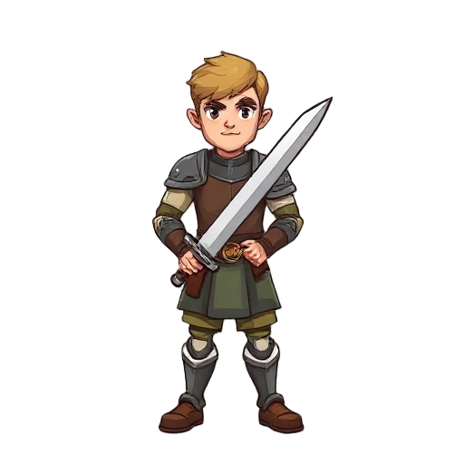character sprite, rpg character, dungeons and dragons style, male hero, carrying a longsword, wearing simple armor, standing pose, front view