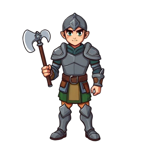 character sprite, rpg character, dungeons and dragons style, male hero, wearing simple armor, standing pose, front view, equipped with one axe