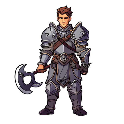 character sprite, rpg character, dungeons and dragons style, male hero, wearing simple armor, standing pose, front view, equipped with one axe