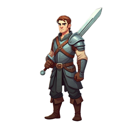 character sprite, rpg character, dungeons and dragons style, male hero, carrying a longsword, wearing simple armor, standing pose, front view