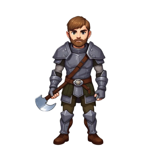 character sprite, rpg character, dungeons and dragons style, male hero, wearing simple armor, standing pose, front view, equipped with a axe