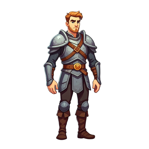 character sprite, rpg character, dungeons and dragons style, male hero, wearing simple armor, standing pose, front view