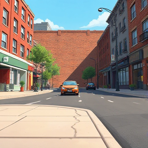 a realistic urban street scene during the day, with a brick wall in the background. the street is paved and has a few cars passing by. there's a sidewalk running alongside the street, with small crack