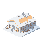  polar research station building, simple and functional architecture, metal or insulated white/gray/orange walls, flat snowy rooftops with ice details, antennas and communication dishes, small chimneys, exterior walkways, crates and barrels near the walls