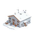  polar research station building, simple and functional architecture, metal or insulated white/gray/orange walls, flat snowy rooftops with ice details, antennas and communication dishes, small chimneys, exterior walkways, crates and barrels near the walls