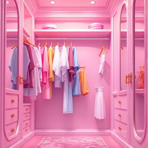 closet room, glamorous, clothes hanging, luxury, pastel colors