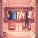closet room, glamorous, clothes hanging, luxury, pastel colors
