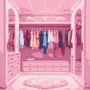 closet room, glamorous, clothes hanging, luxury, pastel colors