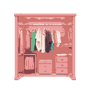 closet room, glamorous, clothes hanging, luxury, pastel colors
