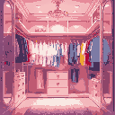 closet room, glamorous, clothes hanging, luxury, pastel colors