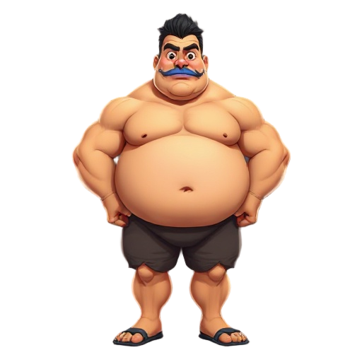 a muscularly undefined male character with an exaggerated, bloated and disproportionate body. skin tone is yellowish-orange. wearing blue lipstick, with stubble marks on the face, large eyes, and a da