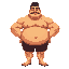 a muscularly undefined male character with an exaggerated, bloated and disproportionate body. skin tone is yellowish-orange. wearing blue lipstick, with stubble marks on the face, large eyes, and a da