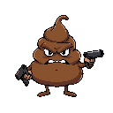 angry small poop with eyes  and mouth, without legs and pistol on the hand