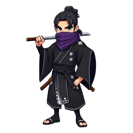 a ronim wearing a black kimono with white details who wields a katana and a kasa and a purple scarf over the lower part of his face