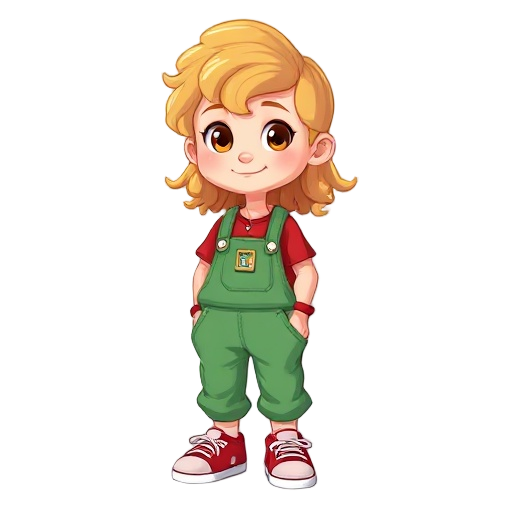 6 years old, light brown eyes, long curly golden and slightly pink hair, wearing a green dungaree with a red shirt, red sneakers with white details, a necklace with a picture frame