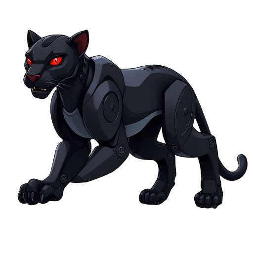 robotic black panther with red eyes, side view, running, realistic body propotions, standing on all fours like a real panther. 