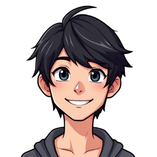 a man smiling and in the other, the character has somewhat long dark emo hair, black eyes, 
