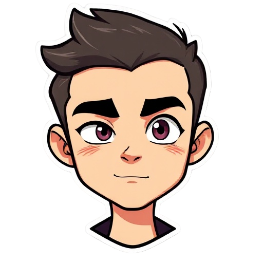 un personaje sonriendo y en la otra guiñando un ojo, el personaje es con pelo algo emo, es para usar como sticker o logo en un pack de un juego