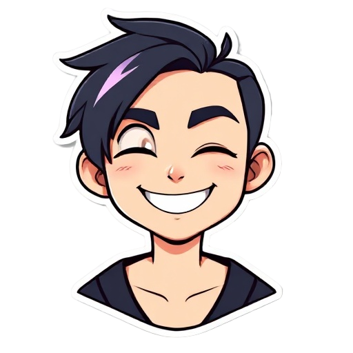 a character smiling and in the other winking an eye, the character has somewhat emo hair, it is to be used as a sticker or logo in a game pack