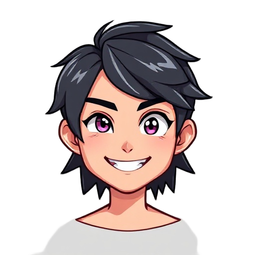 a character smiling and in the other winking an eye, the character has somewhat emo hair