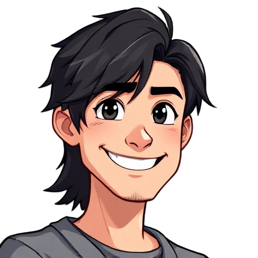 a man smiling and in the other, the character has somewhat long dark emo hair, black eyes 