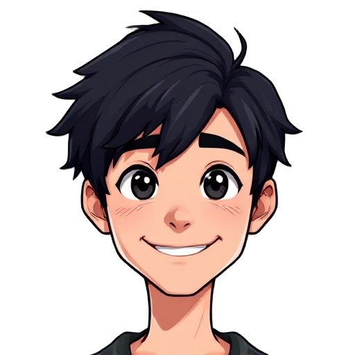 a man smiling and in the other, the character has somewhat dark emo hair, black eyes 