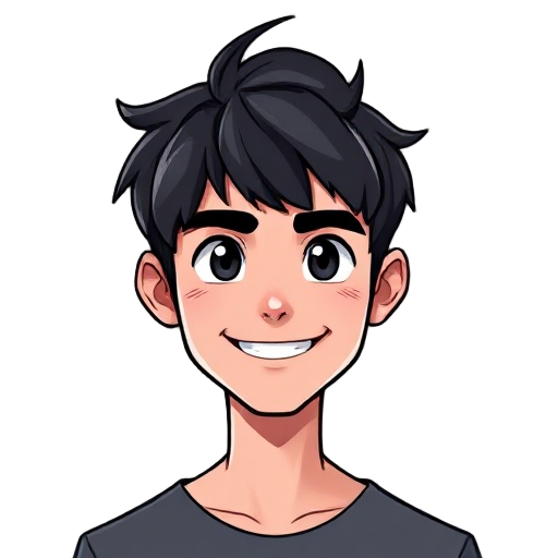 a man smiling and in the other, the character has somewhat dark emo hair, black eyes 