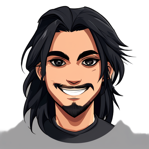 a man smiling and in the other, the character has somewhat long dark emo hair, black eyes, 