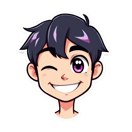 a character smiling and in the other winking an eye, the character has somewhat emo hair, it is to be used as a sticker or logo in a game pack